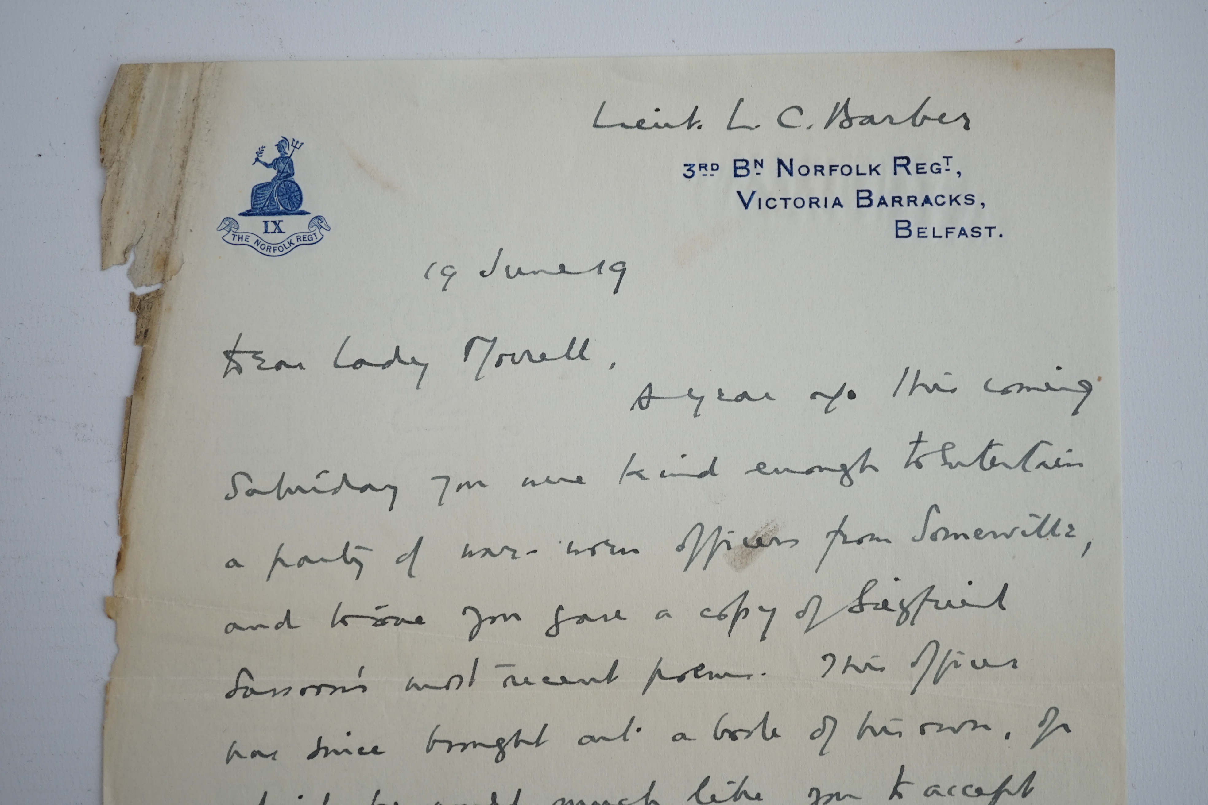 Letter from First World War soldier Leonard Cecil Barber on Norfolk Regiment headed paper, to Lady Ottoline Morell (1873-1938), best known as hostess at Garsington